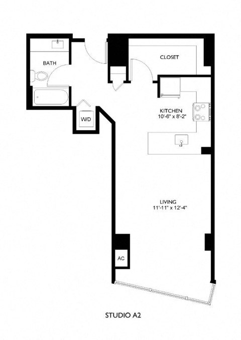 A floor plan of a studio apartment with a living room, kitchen, bathroom, and closet.